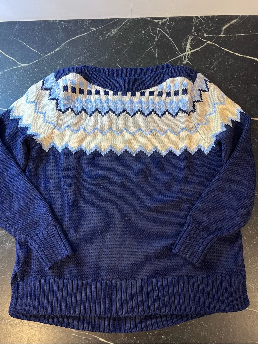 L.L.Bean Signature Navy Fair Isle Marino Wool Boatneck Sweater